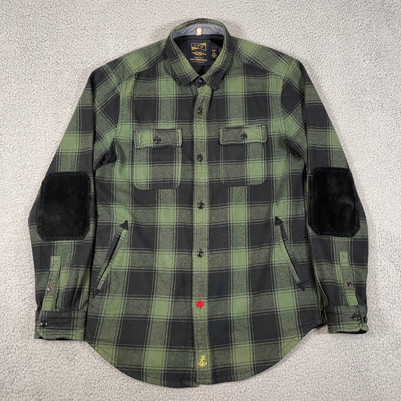 CPO Provisions Flannel Shirt Men M Green Plaid Leather Elbow Patches Board Shirt - Picture 1 of 7